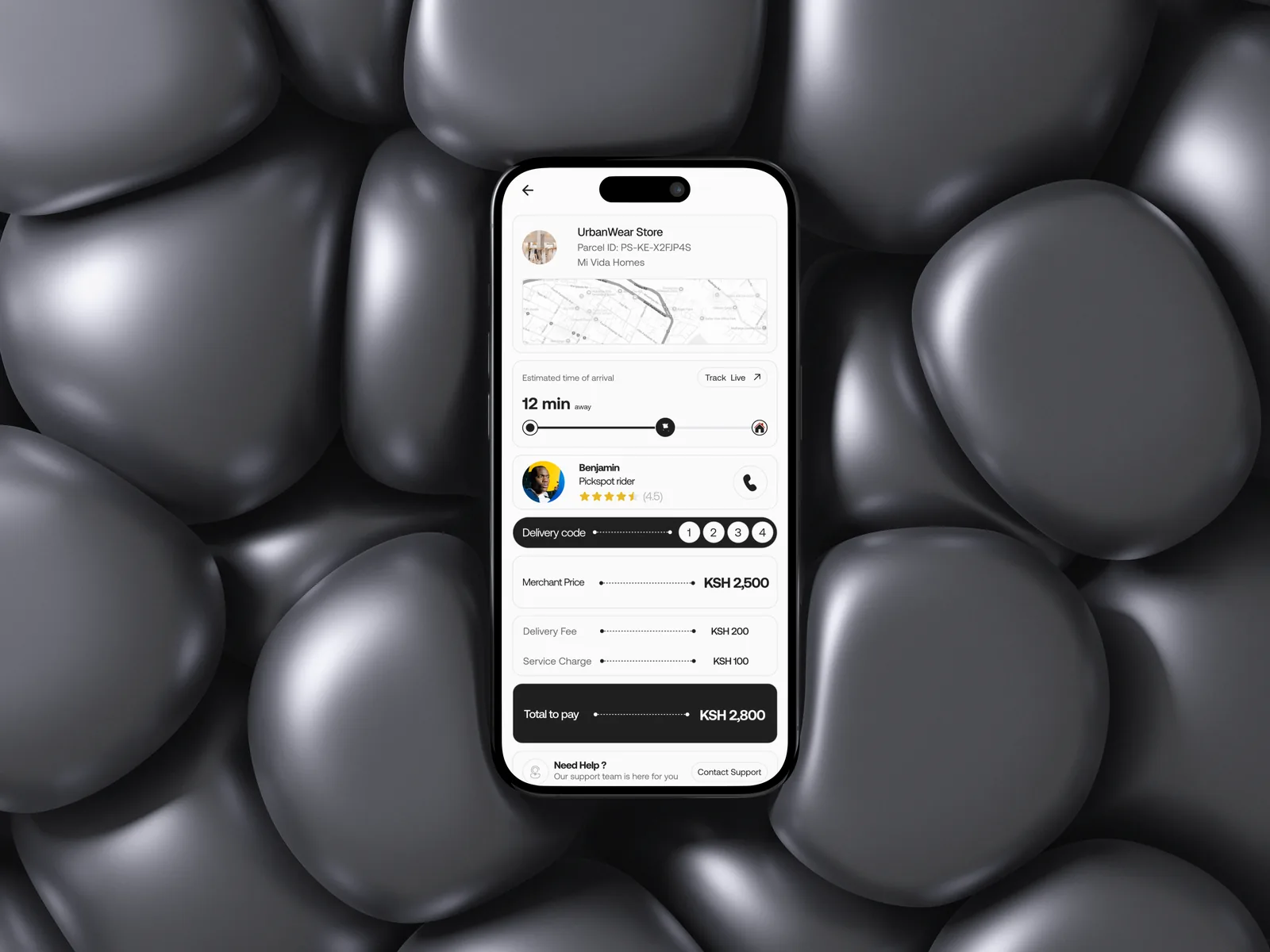 The PickSpot order screen showing price breakdown, live tracking and delivery code